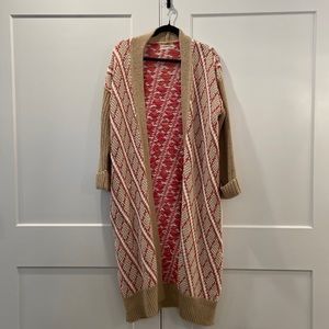 Anthropologie geometric knit duster cardigan, size small open front pink/tan